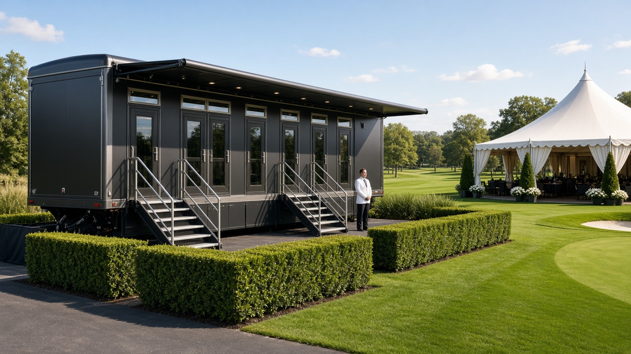 10-Stall Matte-Black Presidential Restroom Suite at PGA Golf Hospitality Tent